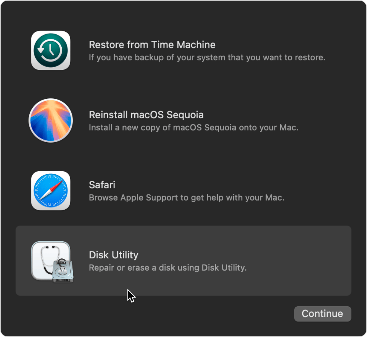 macOS Recovery utilities window with Disk Utility selected