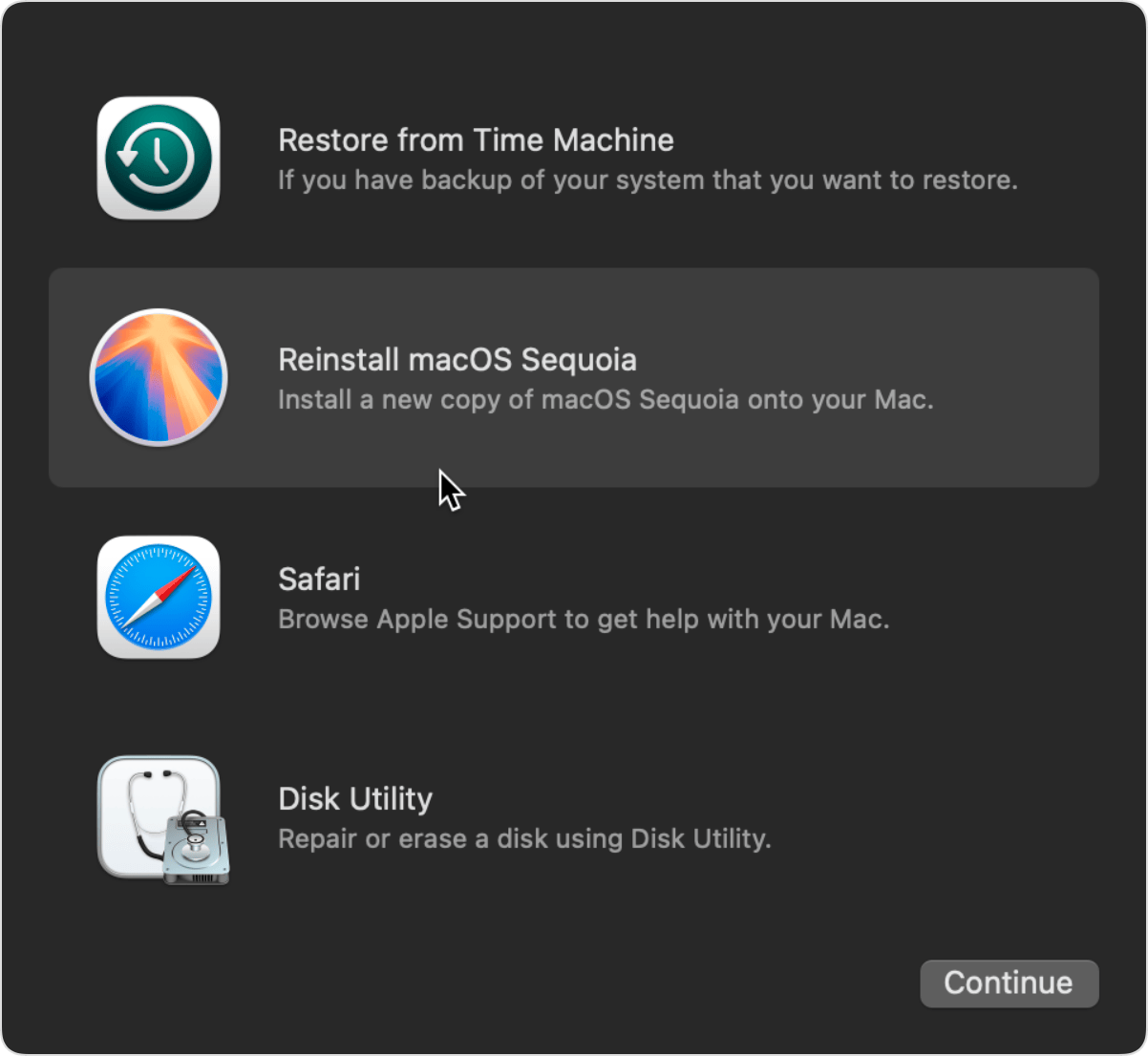 macOS Recovery options with "Reinstall macOS Sequoia" selected