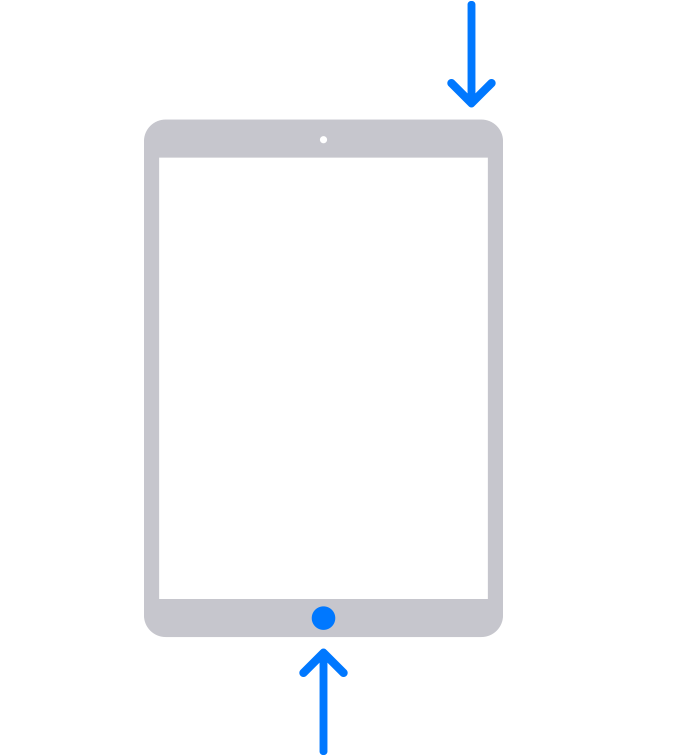 iPad with Home button, Home and top buttons highlighted to show how to Force Restart